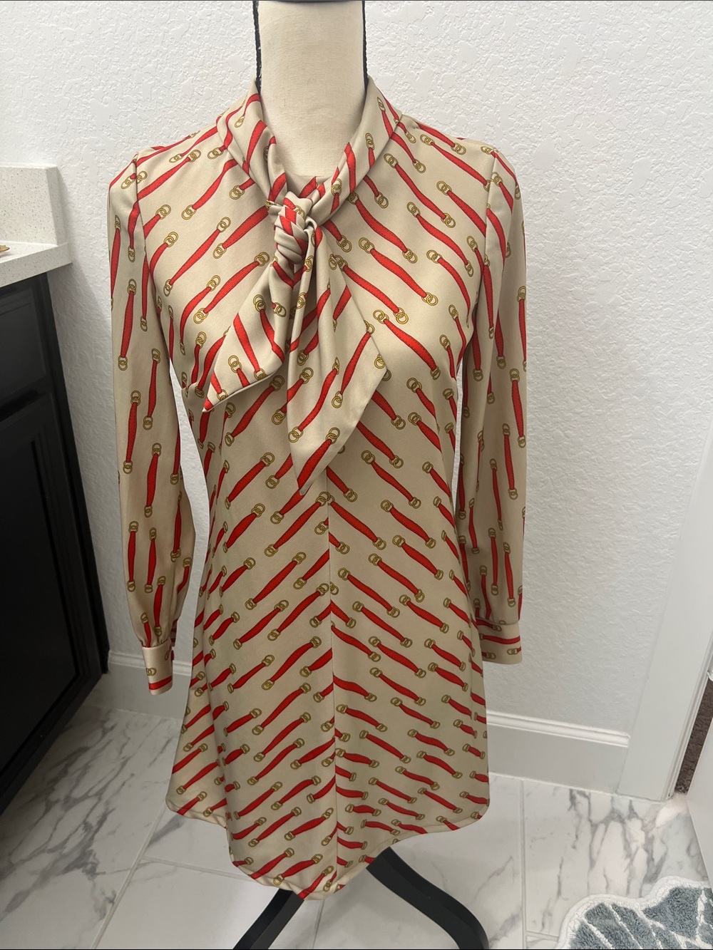 Vintage Designer-Inspired Tie Neck Dress in Beige and Red